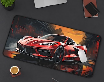 Red Chevy Corvette Desk Mat Sports Car Mousepad Racing Car Desk Mat Muscle Car Mousepad Car Desk Pad Home Office Desk Decor Office Gift