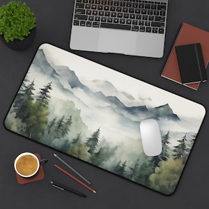 Mountain Nature Desk Mat Mouse Pad Sage Green Deskmat Watercolor Forrest Minimalist Mousepad XXL Mountain Landscape Aesthetic Desk Decor
