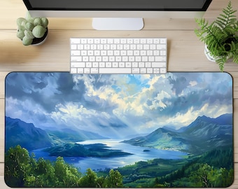 Mountain Lake Desk Mat Green Desk Mat Nature Mouse Pad Misty Cloud Desk Pad Pine Tree Mousepad Sky Desk Mat Nature Desk Decor Office Gift