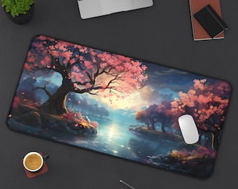 Sakura Pink Blossom Desk Mat Japanese Mouse Water Desk Pad Moon Desk Decor Japanese Scenery Deskmat Office Gifts Pink Aesthetic Desk Pad