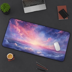 Pastel Pink Kawaii Clouds Desk Mat Starry Cloud Mousepad Cute Office Desk Decor Meditation Pastel Mousepad Aesthetics Office Gifts