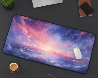 May include: A purple and pink mouse pad with a cloudy sky and stars design. The mouse pad has a black border.