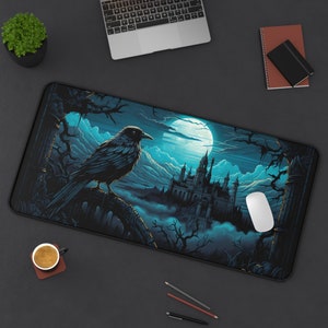 Raven Gothic Moon Desk Mat Dark Academia Library Desk Mat Big Gothic Castle Desk Mat Goth Mouse Pad Goth Deskpad Dark Mousepad Witch Deskmat