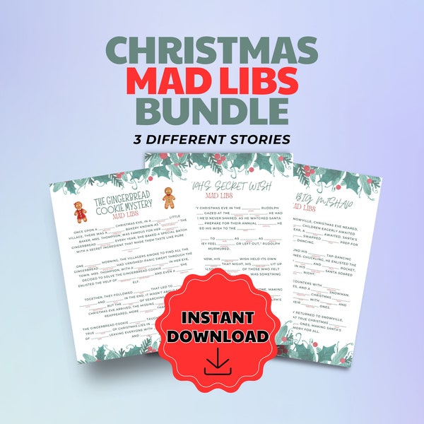 3 Christmas Mad Libs Stories Bundle, Holiday Party Game Printable, Funny Christmas Game, Instant Download - 3 Stories Included!
