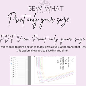 Pode incluir: Imagem lil&aacute;s claro com o texto "SEW WHAT PATTERN" e "Print only your size". Abaixo, o texto "PDF View: Print only your size" &eacute; exibido. A imagem tamb&eacute;m mostra um padr&atilde;o de costura com op&ccedil;&otilde;es de tamanho.