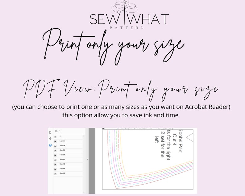 Pode incluir: Imagem lil&aacute;s claro com o texto "SEW WHAT PATTERN" e "Print only your size". Abaixo, o texto "PDF View: Print only your size" &eacute; exibido. A imagem tamb&eacute;m mostra um padr&atilde;o de costura com op&ccedil;&otilde;es de tamanho.