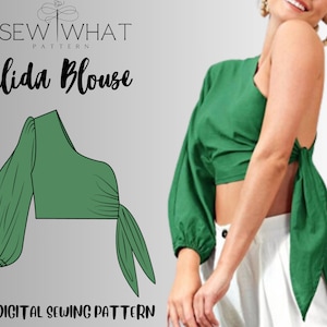 May include: A green Dalida Blouse, a one-shoulder top with a long, puffed sleeve and a tie detail at the waist. The image includes the text "SEW WHAT PATTERN" and "Dalida Blouse" and "PDF DIGITAL SEWING PATTERN".