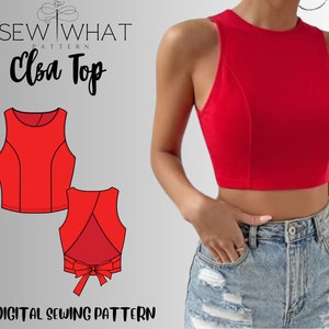 May include: A digital sewing pattern for a red sleeveless crop top with a tie back. The pattern is called "Elsa Top" and is from the "Sew What Pattern" company. The image shows a model wearing the top with denim shorts.