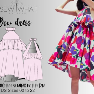 May include: A digital sewing pattern for a bow dress. The pattern includes instructions for sizes 00 to 22. The image shows a pink illustration of the dress and a model wearing a floral print version of the dress.