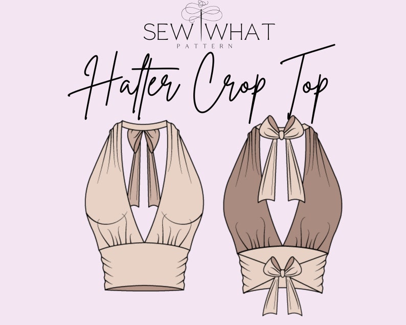 May include: Line drawing illustration of a halter crop top sewing pattern with a deep V-neck and a bow tie at the back. The pattern is shown in two colors, a light brown and a darker brown.