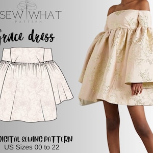 Puede incluir: Un patrón de costura digital para un vestido Grace, con un dibujo de línea del vestido y una foto de una modelo usando el vestido. El patrón está disponible en tallas US 00 a 22.