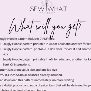 Pode incluir: Imagem de um produto digital com o texto "SEW WHAT PATTERN" e "What will you get?". A imagem lista o conte&uacute;do de um padr&atilde;o de capuz Snugly, incluindo arquivos PDF, tamanhos de padr&atilde;o e margens de costura. O produto est&aacute; dispon&iacute;vel para download.