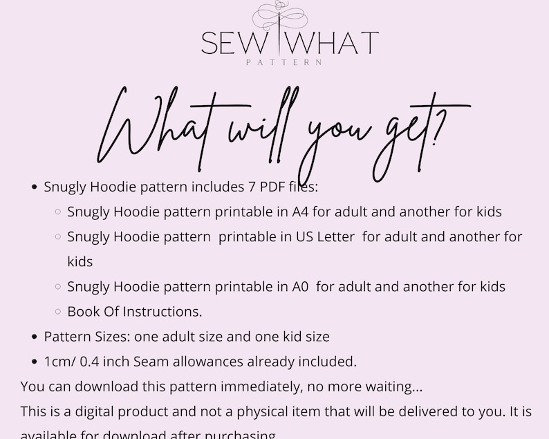 Pode incluir: Imagem de um produto digital com o texto "SEW WHAT PATTERN" e "What will you get?". A imagem lista o conte&uacute;do de um padr&atilde;o de capuz Snugly, incluindo arquivos PDF, tamanhos de padr&atilde;o e margens de costura. O produto est&aacute; dispon&iacute;vel para download.