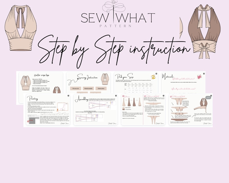 May include: A step-by-step sewing instruction guide for a halter crop top pattern. The guide includes instructions for cutting, assembling, and sewing the top. The pattern is available in multiple sizes.