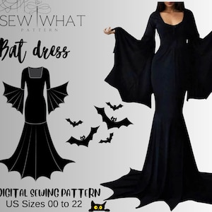 Halloween Batwing sleeve dress pattern| Bat sleeve pattern, halloween dress sewing pattern|13 sizes PDF Morticia dress witchy dress pattern