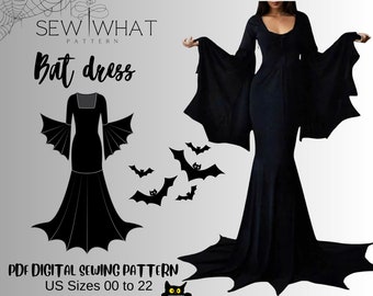Halloween Fledermausärmel Kleid Muster | Halloween Kleid Schnittmuster | 13 Größen PDF PDF Schnittmuster für Gothic Kleid Witchy Dress mit Fledermaus Ärmel Schnittmuster