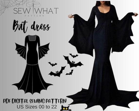 Halloween Batwing sleeve dress pattern| Bat sleeve pattern, halloween dress sewing pattern|13 sizes PDF Morticia dress witchy dress pattern