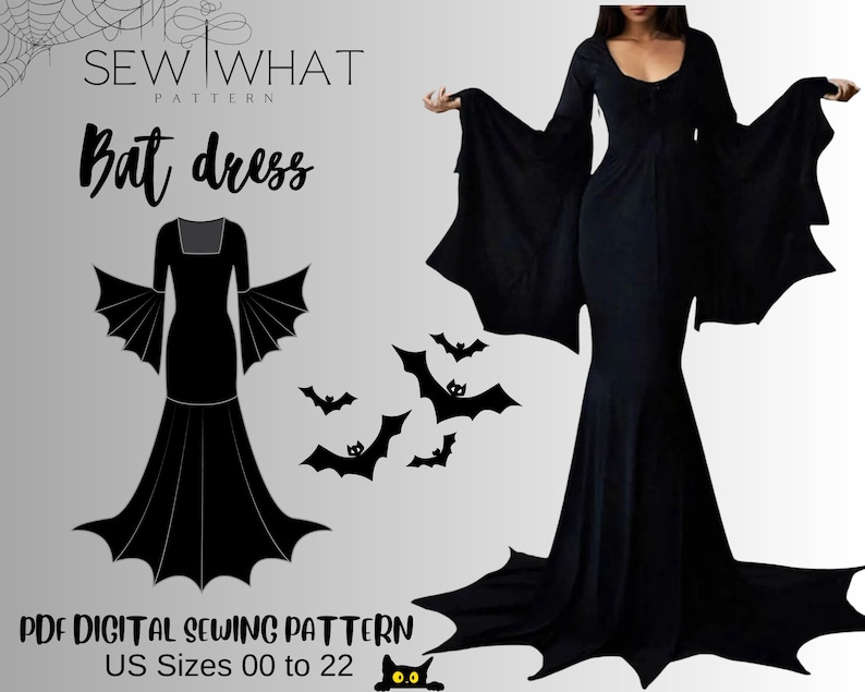 May include: A digital sewing pattern for a black bat dress. The pattern includes instructions for sizes 00 to 22. The image shows a silhouette of a woman wearing the dress.
