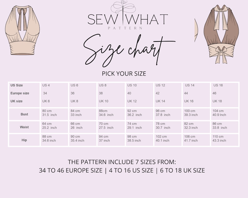 May include: A size chart for a sewing pattern, showing measurements in inches and centimeters for bust, waist, and hip. The chart includes sizes 4 to 16 US, 34 to 46 Europe, and 6 to 18 UK.