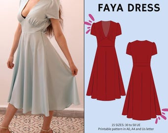 Faya dress- 40's dress pattern |women dress sewing pattern|PDF sewing pattern 15 sizes| Midi-length dress pattern