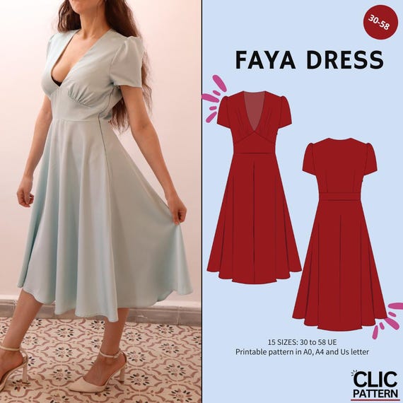 Faya dress- 40's dress pattern |women dress sewing pattern|PDF sewing pattern 15 sizes| Midi-length dress pattern