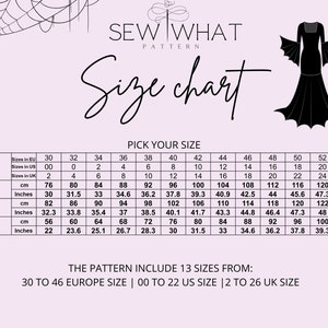 May include: A size chart for a sewing pattern. The chart shows sizes in EU, US, and UK sizes. The chart includes measurements in inches and centimetres for bust, full hip, and waist.