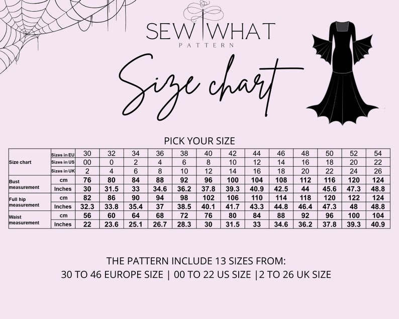 May include: A size chart for a sewing pattern. The chart shows sizes in EU, US, and UK sizes. The chart includes measurements in inches and centimetres for bust, full hip, and waist.