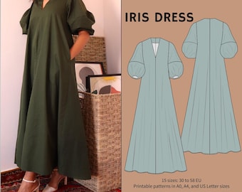 Iris dress- puff sleeve dress pattern |women dress sewing pattern|PDF sewing pattern 15 sizes|puffy sleeve dress pattern