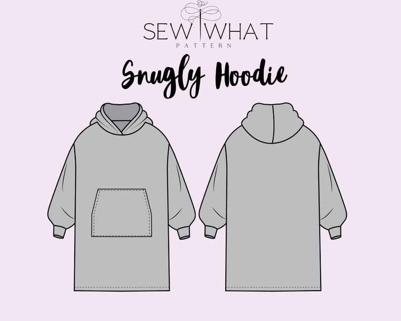 Pode incluir: Um desenho t&eacute;cnico de um padr&atilde;o de moletom com capuz Snugly cinza. A vista frontal mostra um bolso canguru e um capuz. A vista traseira mostra o capuz e a forma geral. O texto "SEW WHAT PATTERN" e "Snugly Hoodie" s&atilde;o exibidos.