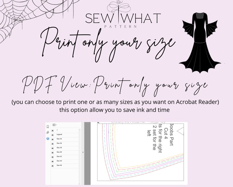 May include: A digital PDF sewing pattern for a black bat-wing dress. The pattern includes multiple sizes and instructions for printing only the size you need. The image shows a sample of the pattern with different sizes highlighted in colour.
