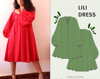 Lili dress- puff long sleeve dress pattern |women dress sewing pattern|PDF sewing pattern 15 sizes|puffy sleeve dress pattern