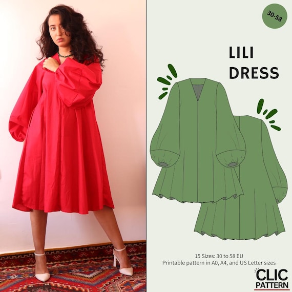 Lili dress- puff long sleeve dress pattern |women dress sewing pattern|PDF sewing pattern 15 sizes|puffy sleeve dress pattern
