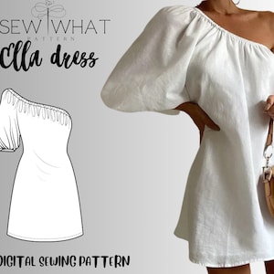 May include: A digital sewing pattern for a white one-shoulder dress with a gathered neckline and a puff sleeve. The pattern is called "Calla Dress" and is available as a PDF download.