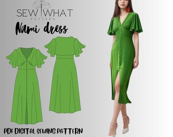 Nami dress pattern|women dress pattern|butterfly sleeves dress sewing pattern|15 sizes PDF sewing pattern| slit dress pattern|classy dress