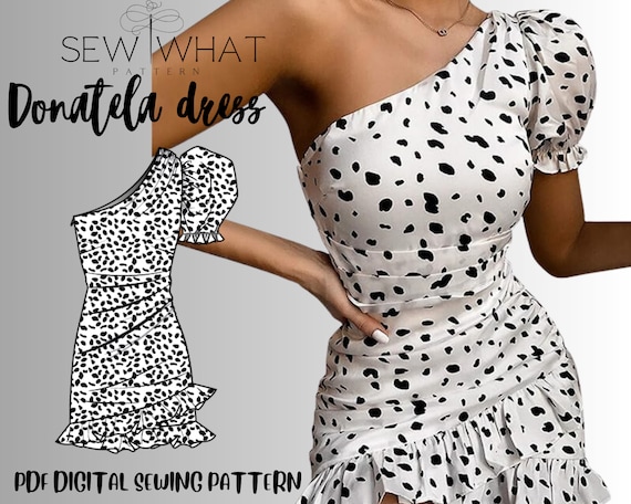 Donatela Dress pattern|One shoulder ruffle dress pattern|PDF Sewing pattern|One shoulder dress sewing pattern|Ruffle dress pattern|13 sizes