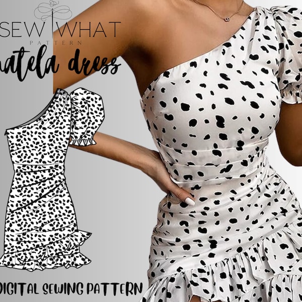 Donatela Dress pattern|One shoulder ruffle dress pattern|PDF Sewing pattern|One shoulder dress sewing pattern|Ruffle dress pattern|13 sizes
