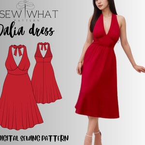 Puede incluir: Un patrón de costura digital para un vestido rojo de tirantes llamado "Dalia dress" de Sew What Pattern. El patrón incluye una vista frontal y posterior del vestido.