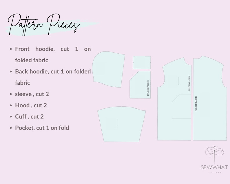 Pode incluir: Um padr&atilde;o de costura azul claro para um moletom com capuz, com pe&ccedil;as para a frente, as costas, mangas, capuz, punhos e bolso. O texto "Pattern Pieces" est&aacute; no topo, com "SEWWHAT" na parte inferior. Fundo rosa claro.