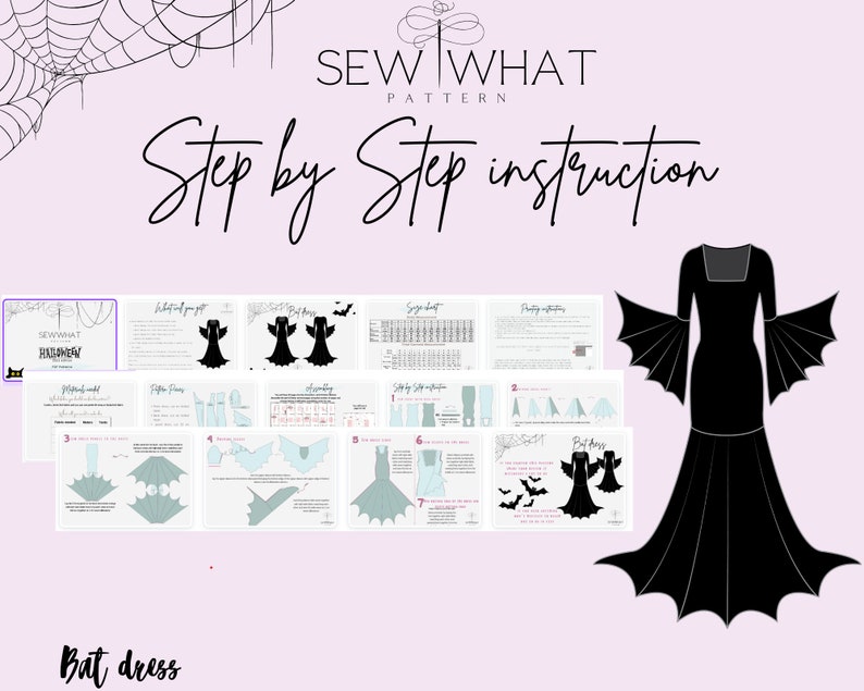 May include: A digital sewing pattern for a bat dress. The pattern includes instructions and diagrams for creating the dress, which features a black bodice and bat wings.