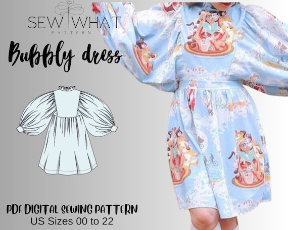 Bubbly Dress pattern|puffy sleeve sewing pattern dress|women dress pattern|13 sizes 00to22 USsizes|PDF sewing pattern|birthday dress pattern