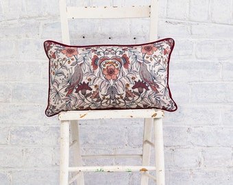 The Honesty Works - Hidden Valley - Red | Luxury piped cushion 30cmx50cm, floral printed cushion, velvet pipe, shiraz velvet cushion reverse