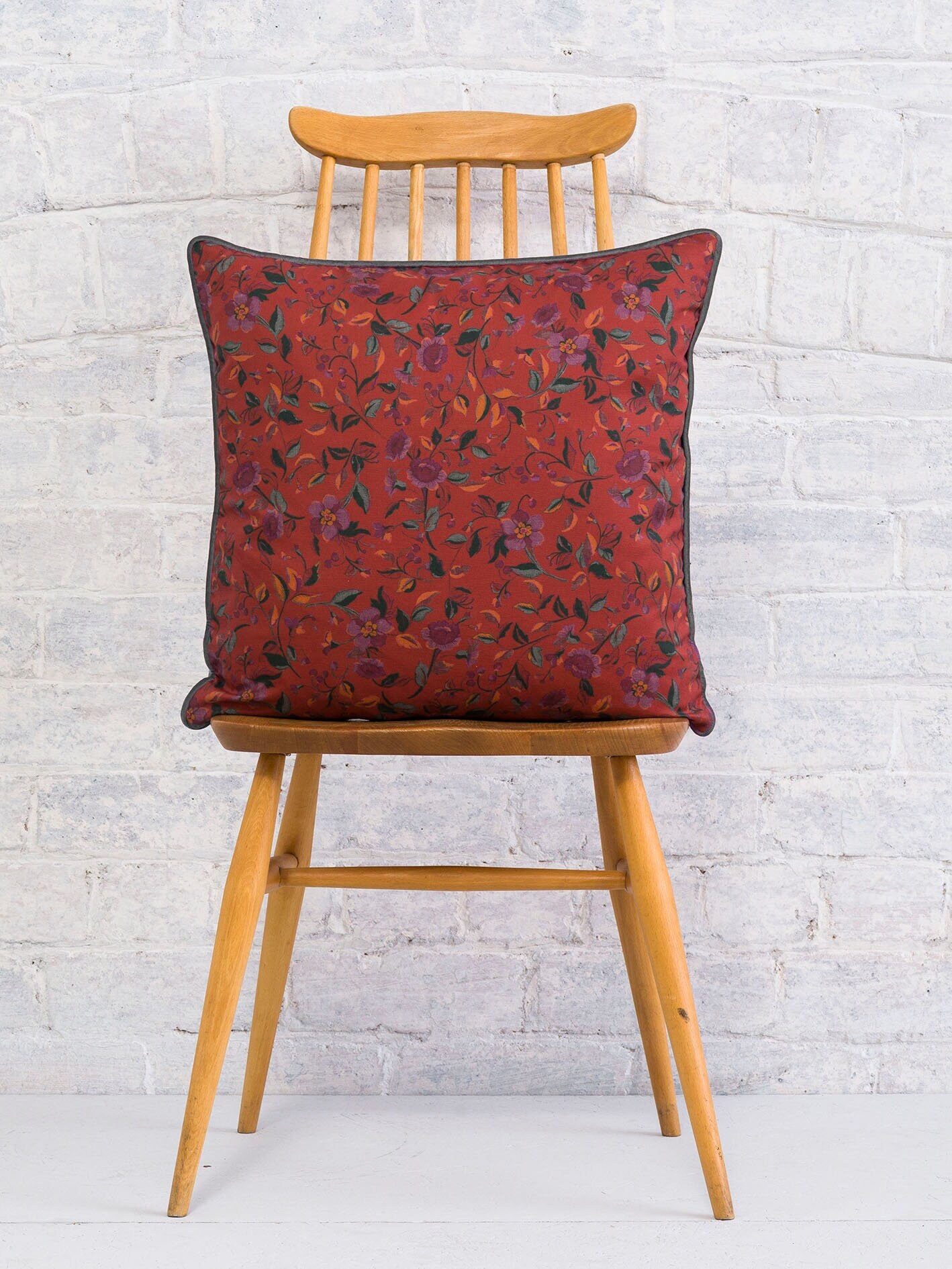 The Honesty Works - Kirkland Park - Red | Luxury piped cushion 43cmx43cm, floral printed cushion, velvet pipe, steel velvet cushion reverse