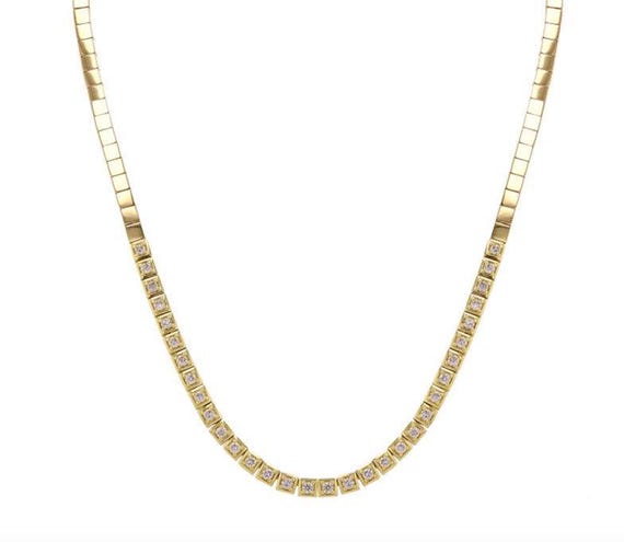 14K Yellow Gold Square Shape Mount Diamond Tennis Necklace
