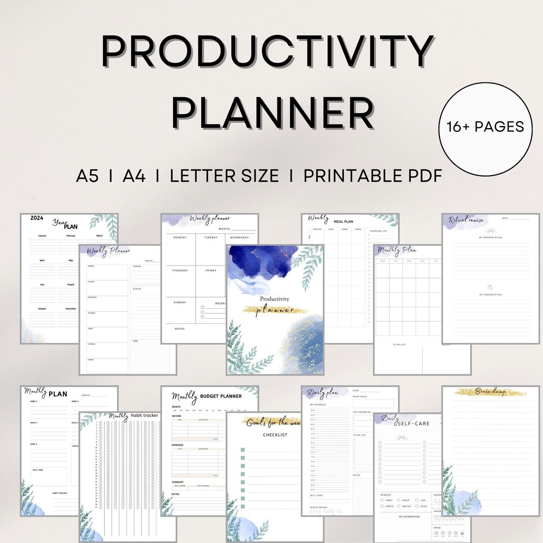 Productivity Planner Bundle Printable 2024 Calendar, Undated Daily