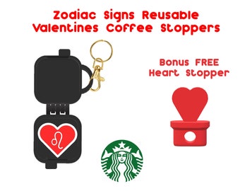 Personalized Zodiac Sign Starbucks Valentines Coffee Stopper with Case - BONUS FREE Heart Coffee Stopper - Hot Cups - Avoid spills