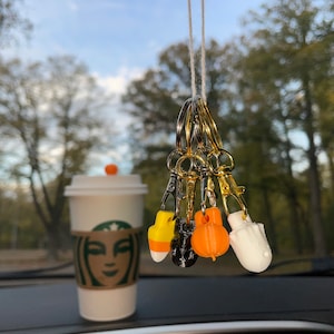 Halloween Reusable Coffee STOPPER Pack of 4 - Hang on Rear View Mirror - Pumpkin, Ghost, Candy Corn, Skull - Avoid spills