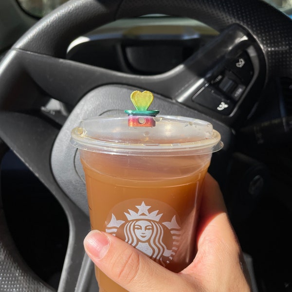 Cold Brew and Hot Cup Starbucks Reusable Coffee STOPPER Rainbow Heart - Hang on Rear View Mirror - String Included - Avoid spills