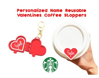 Personalized Name Starbucks Valentines Style Coffee Stopper with Heart Case - Hot Cups - Avoid spills - Gift for Her