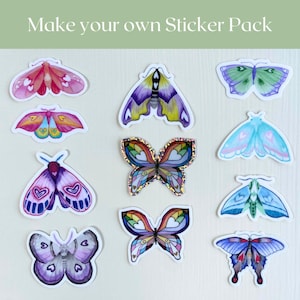 May include: A set of 10 colorful butterfly and moth stickers. The stickers feature a variety of designs, including butterflies with rainbow wings, moths with hearts, and butterflies with glitter accents. The stickers are perfect for adding a touch of whimsy to laptops, water bottles, journals, and more.