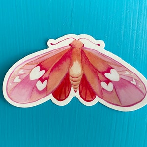 May include: A pink and white butterfly sticker with a heart pattern on its wings.